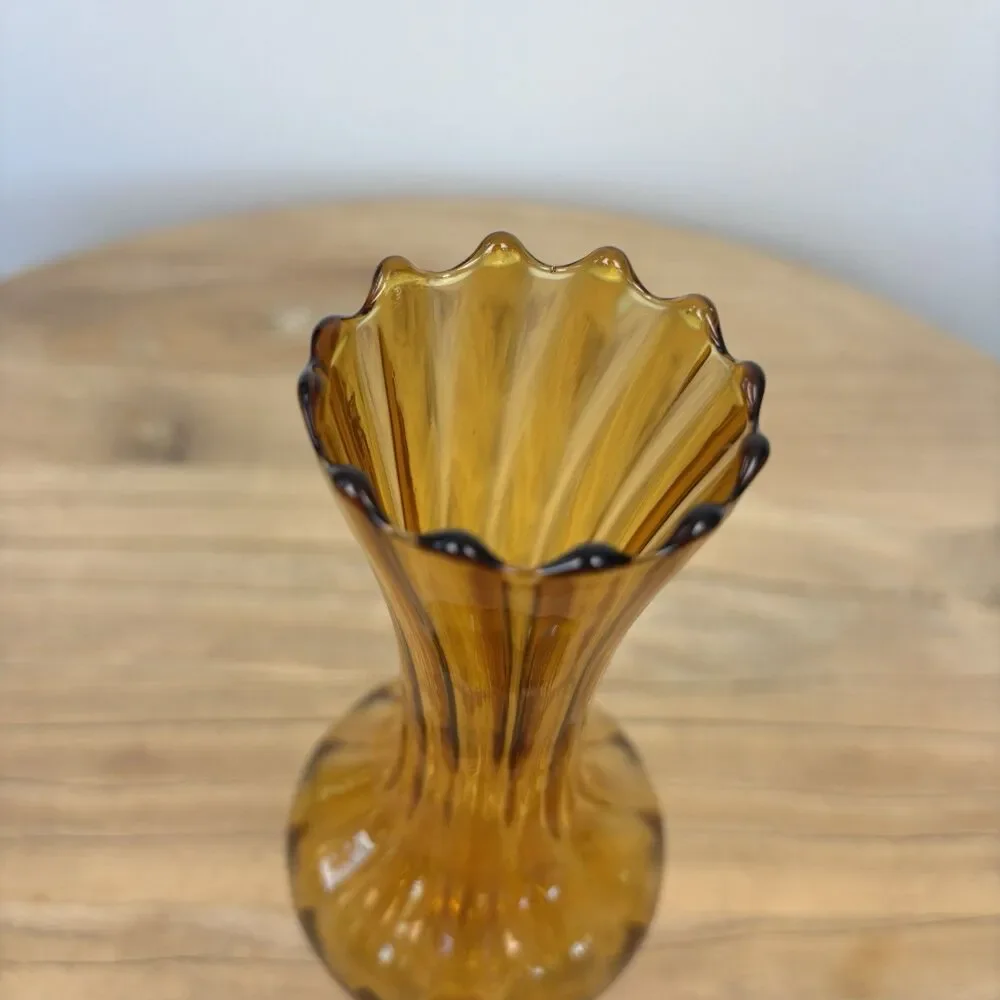 Vintage Art Glass Bud Vase Yellow Amber Clear Stem Hand Blown Scalloped Edge - Picture 5 of 9